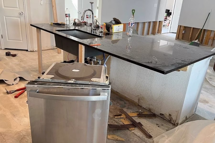 Kitchen water damage from dishwasher leak