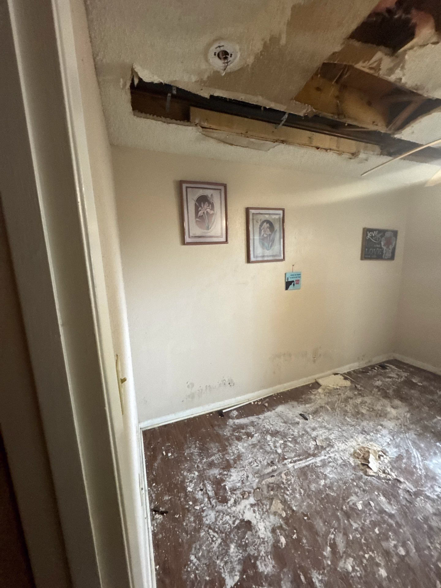 Ceiling opened up to expose water damage and allow proper drying