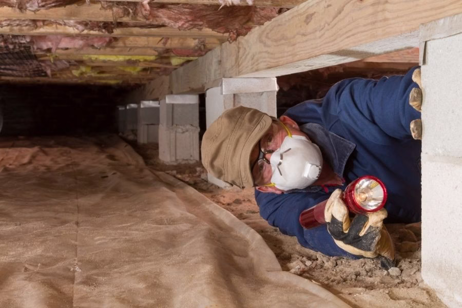 Technician inspecting a crawl space for signs of moisture damage