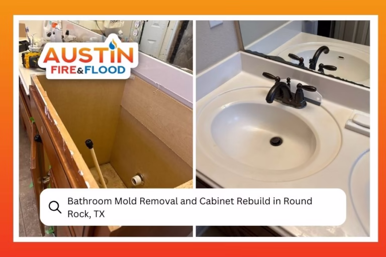 A before-and-after image showing a bathroom cabinet repair and rebuild.