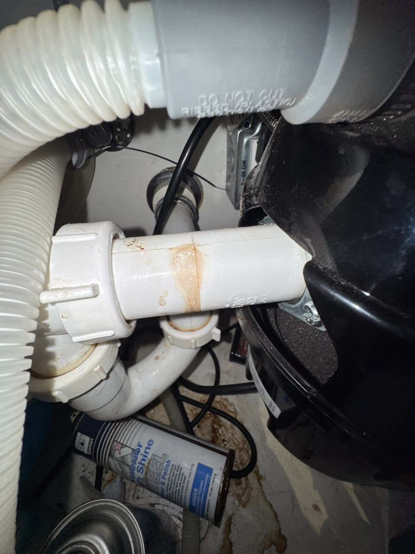 Leaking drain pipe discovered under the kitchen sink, source of hidden mold growth