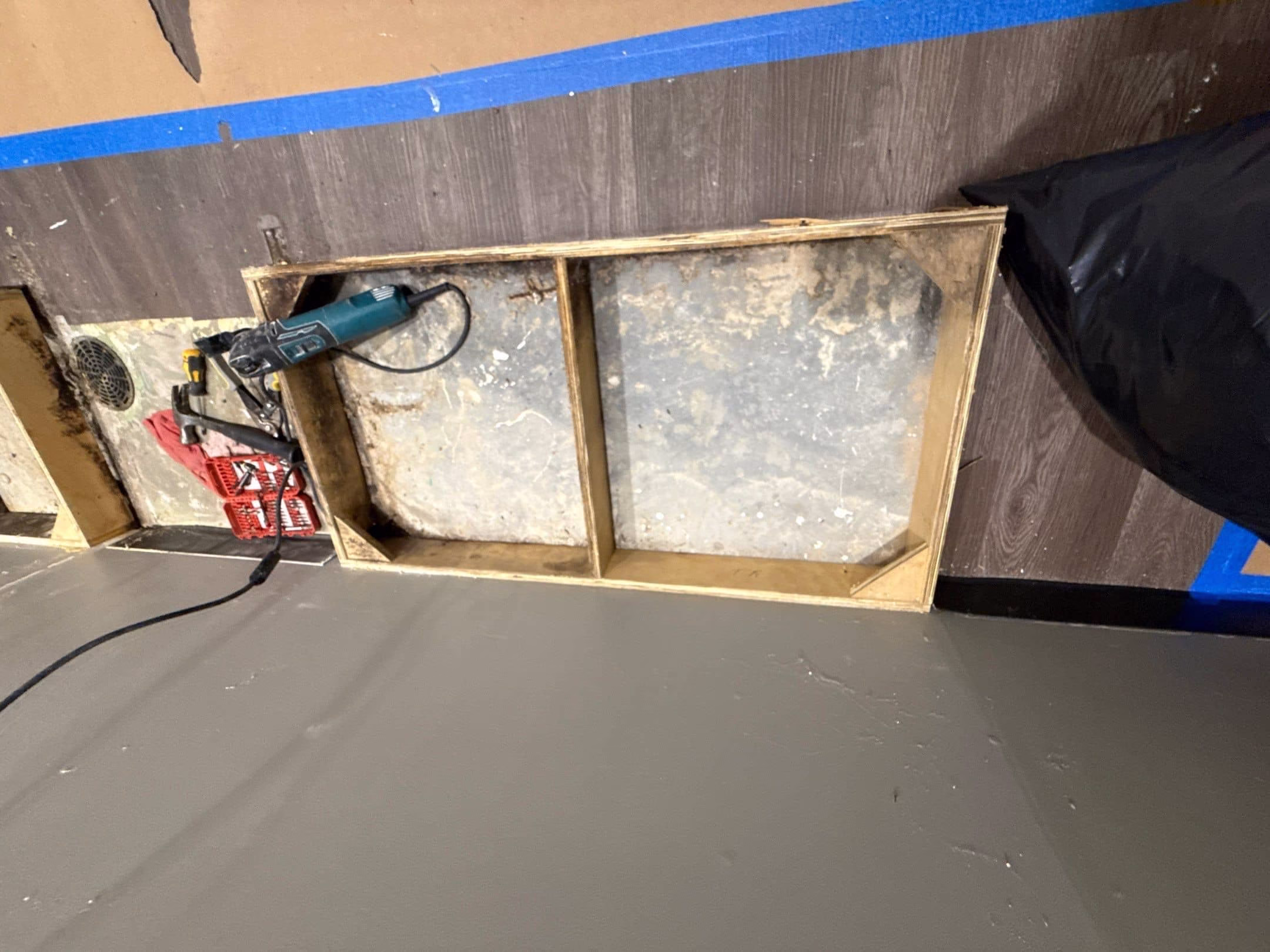 Black mold exposed across kitchen subfloor after flooring demolition during remediation