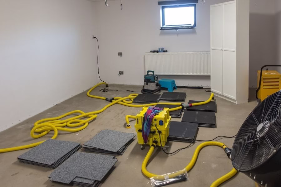 Air movers, dehumidifier, and drying hoses set up in a room for water damage restoration in Austin TX