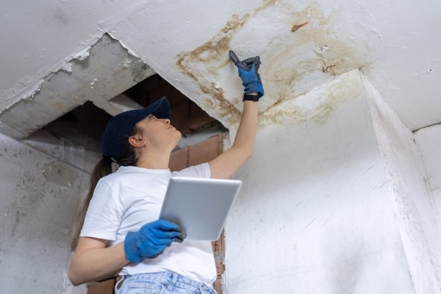 Female restoration technician in gloves and a cap inspecting a water stained ceiling with a tablet in Austin TX
