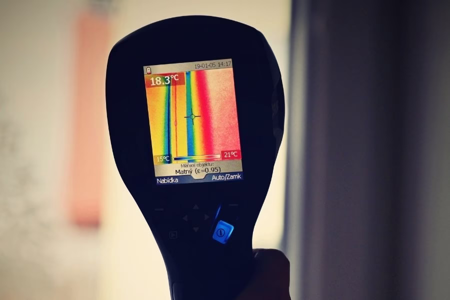 Technician using a thermal imaging camera behind a refrigerator to detect hidden moisture from a slow leak in an Austin kitchen