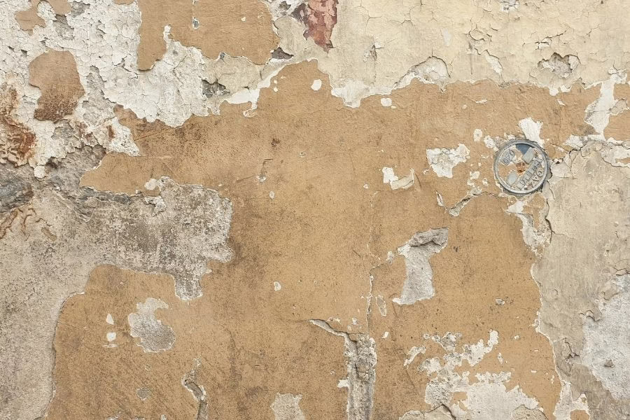 Close-up of bubbled and peeling paint on a residential wall with visible water staining underneath, drywall softened by moisture