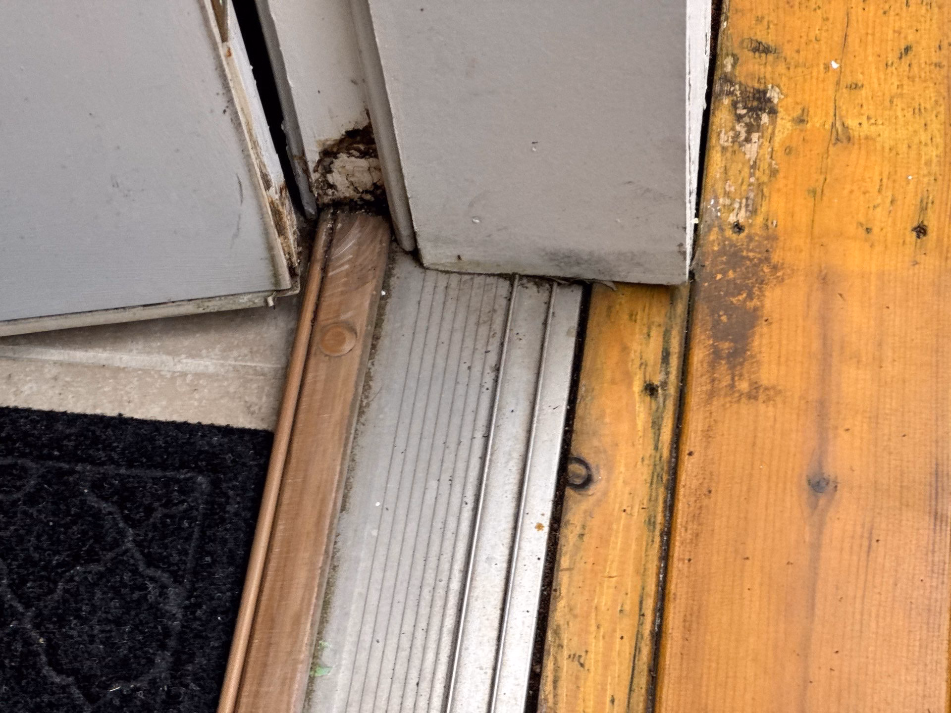 Water damaged exterior door threshold and subfloor showing where moisture had reached