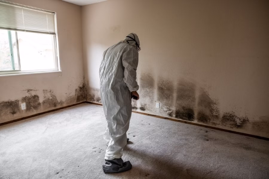 Mold remediation technician inspecting a baseboard for moisture in an Austin TX home
