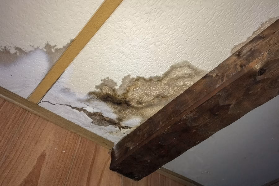 Brown ring-shaped water stain on a residential ceiling indicating a slow recurring roof leak