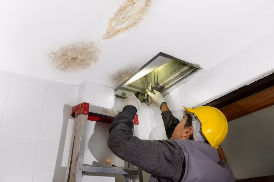 Restoration technician using a moisture meter to check a water damaged ceiling in an Austin home