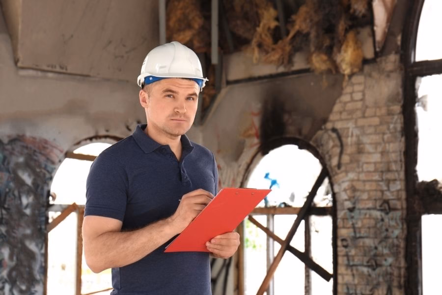 Insurance adjuster and restoration technician reviewing fire damage documentation during a home walkthrough in Austin TX